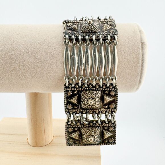 Vintage Mexico 925 Sterling Silver Panel Bracelet – Handcrafted Boho Design - Picture 6 of 12